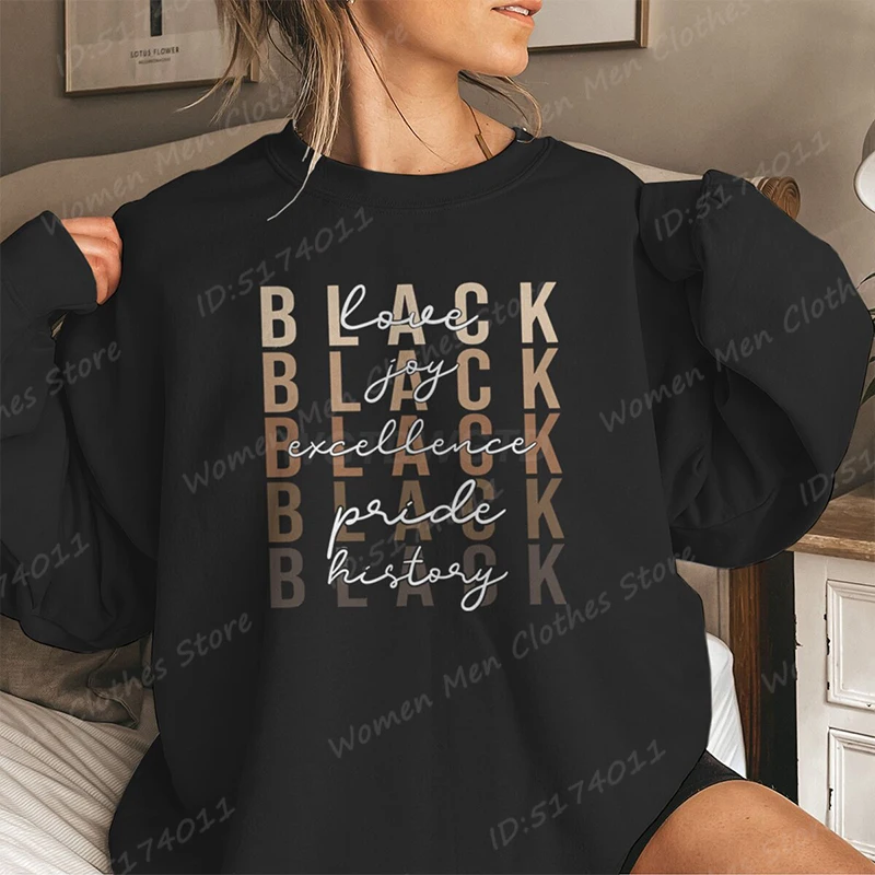 

Fashion Hoodless Sweatshirts Love Joy Excellence Pride Black History Graphic O Neck Pullovers Ladies Casual Solid Color Pullover