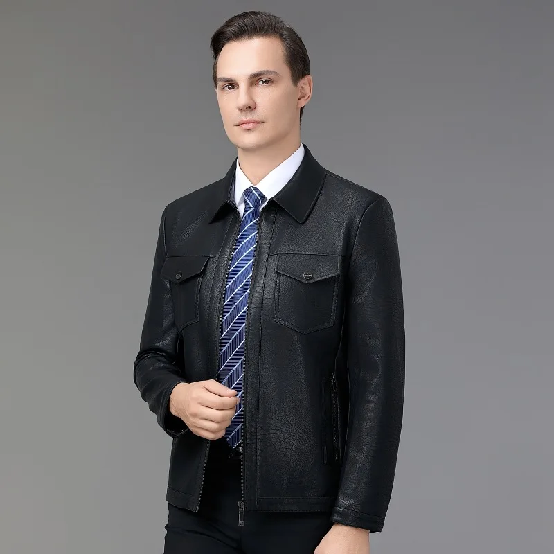 سترة جلدية للرجال خريف وشتاء جديد للشباب كاجوال بسحاب وطية صدر السترة بلون سادة معطف سميك سترة جلدية للرجال عصرية