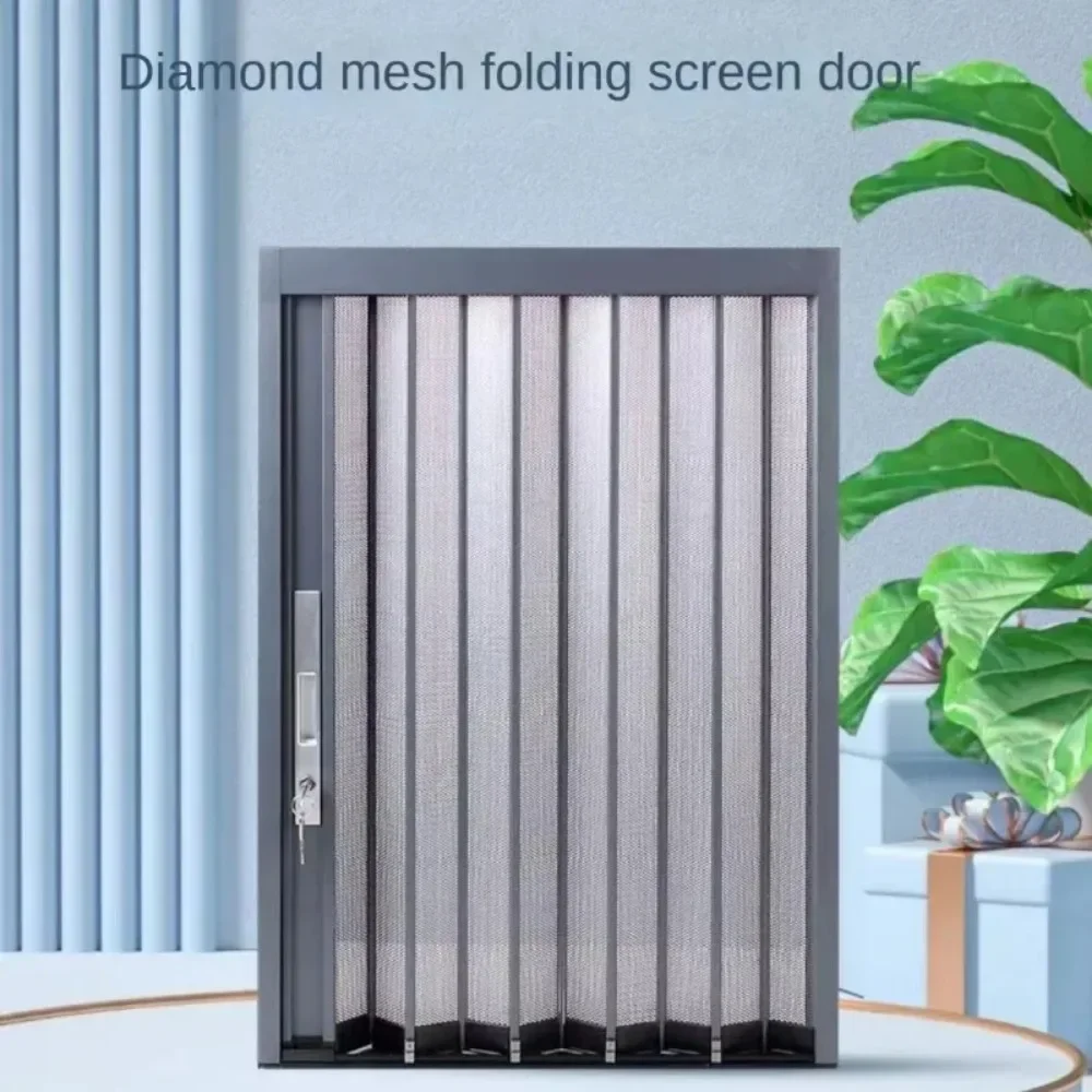 304 steel mesh invisible folding screen door with lock, mosquito cat dog proof aluminum alloy sliding door