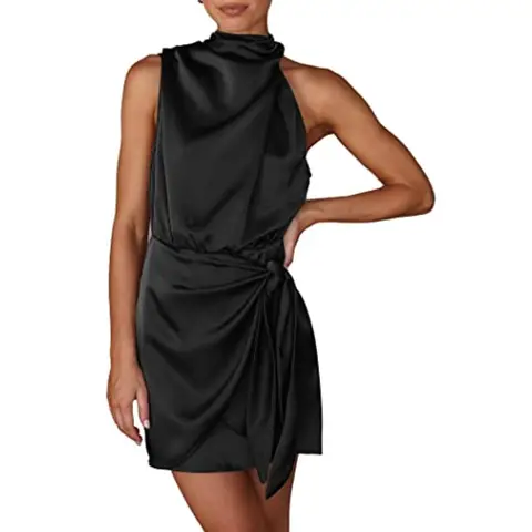 Women's Short Formal Satin Dress Summer Sleeveless Mock Neck Tie Waist Cocktail Party Dresses