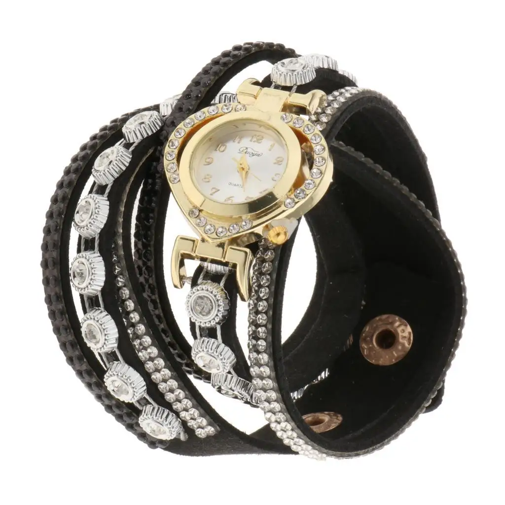 Womens Luxury Crystal Wrist Watch Multilayer Bangle PU Band Analog Timepiece for Wife Birthday Accessory
