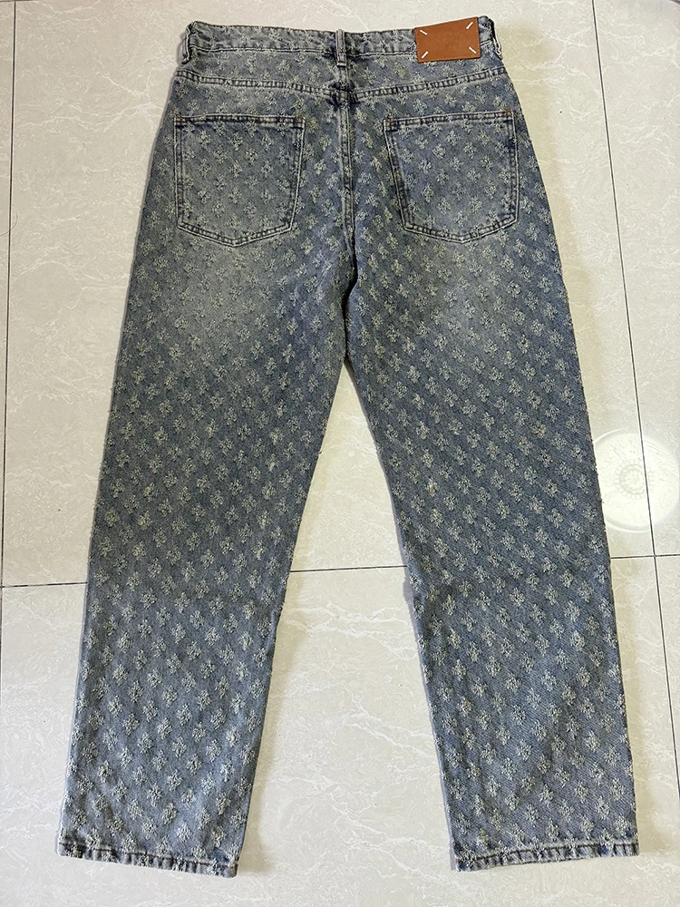 سراويل الرجال المتعثرة الرجعية مع ثقوب ممزق ، الجينز فضفاضة تناسب ، سراويل الشوارع ، الذكور الساق واسعة ، سترة جديدة الجينز