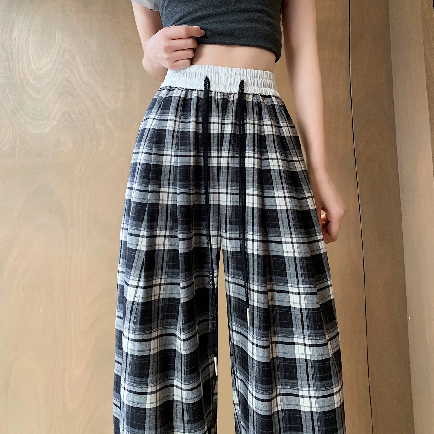 Woman Summer Plaid Pants Women Lace Drawstring Wide Leg Trousers Female Casual High Waist Checkered Pants P13
