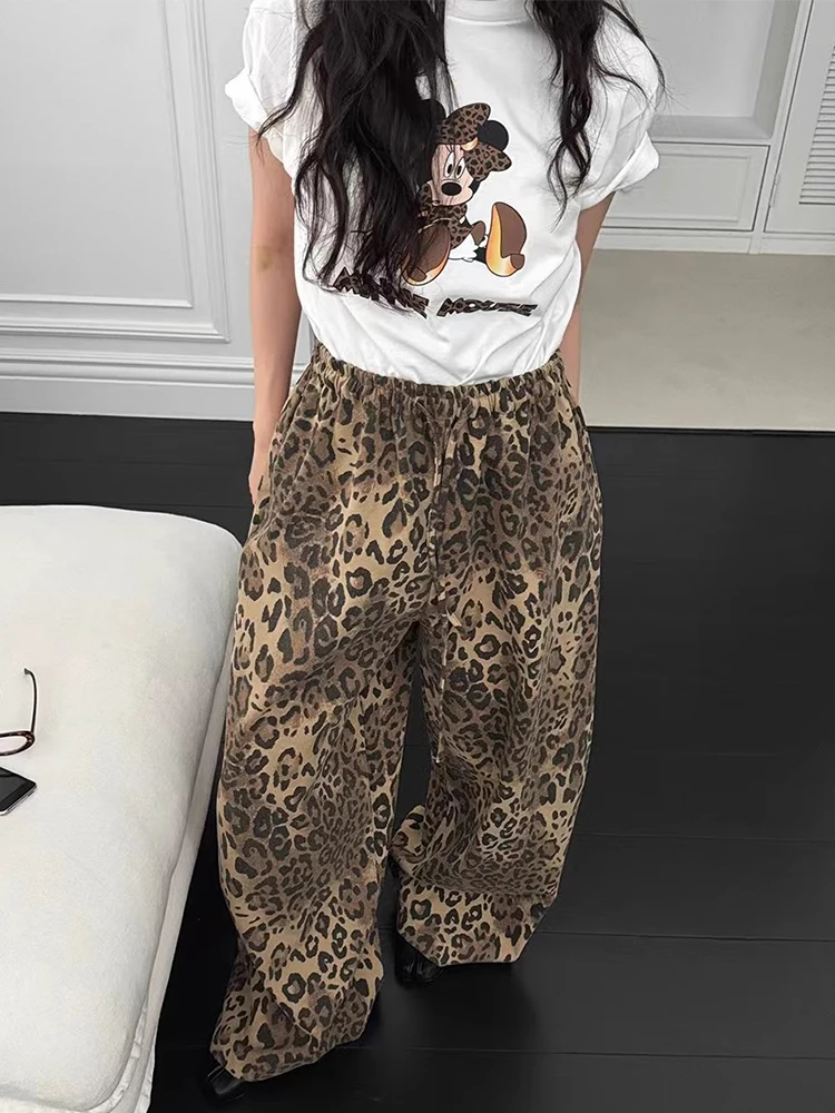 

Chic Leopard Print Design Loose Straight Leg Pants Elastic Waist Casual Trousers Women's Autumn New Style Personality Fashion