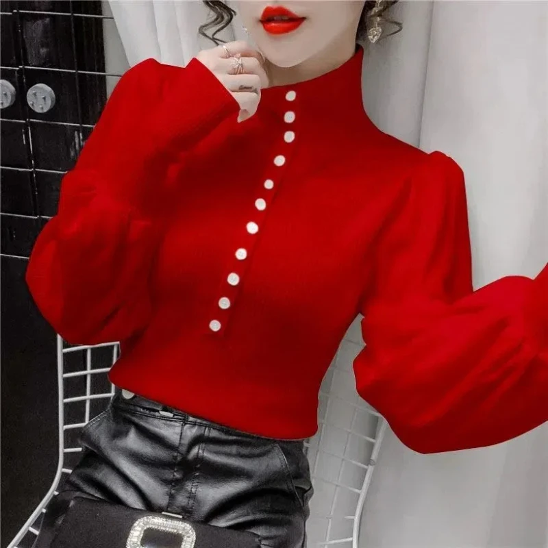 Autumn New Long Sleeve Slim Pullovers Solid All-match Button Simplicity Elegant Sweaters Fashion Temperament Women Clothing