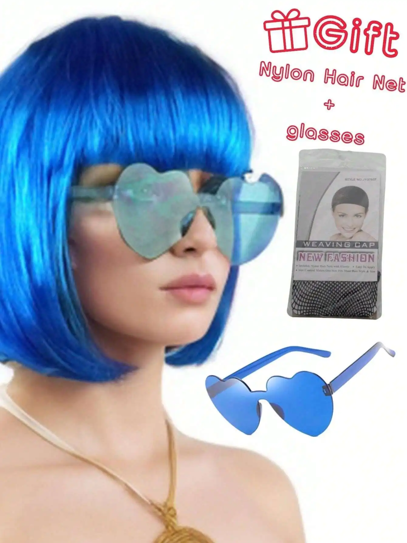 

Short Straight Bob Wig With Heart Sunglasses And Hair Net For Party Novelty