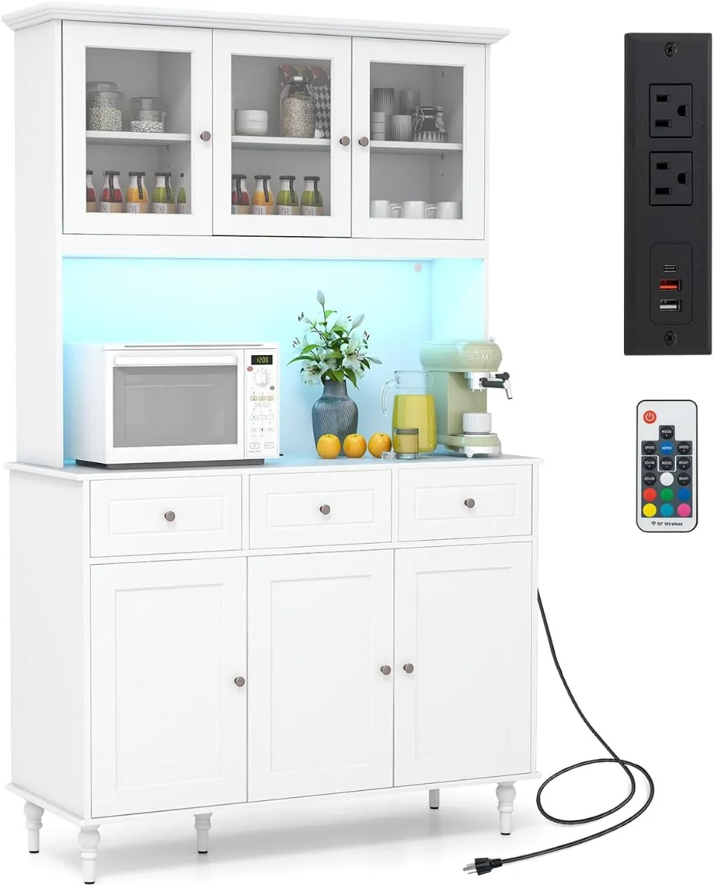 77” Large Pantry Cabinet, Kitchen Buffet Hutch w/LED Lights 20 Colors, Outlet, 3 Drawers, Microwave Countertop, Freestanding