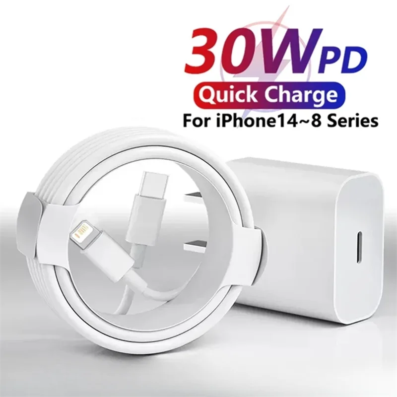 PD 30W EU US Fast USB C Charger For iPhone 8 14 Plus 13 12 11 Pro XS Max XR X SE 1m 1.5m 2m Rapid Charging PD Cable Accessories