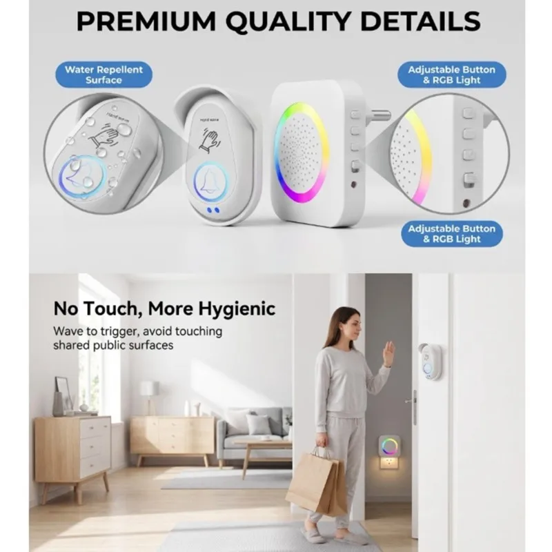 B97A-Wireless Doorbell With Voice Alert, Rainproof Cover& RGB Light For Home& Office Use EU Plug
