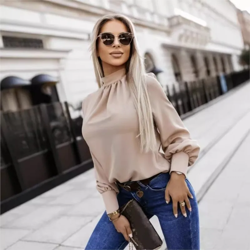 

Solid Color Women's Long Sleeved Shirt With Half High Collar Pleated Lantern Sleeve Elegant Autumn Versatile Ladies Top 2024 New