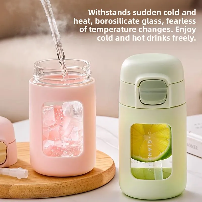 

Portable High Borosilicate Double Silicon Glass Cup for Women with Scale Anti-Bacterial Cute Jumping Design Insulated Water B...