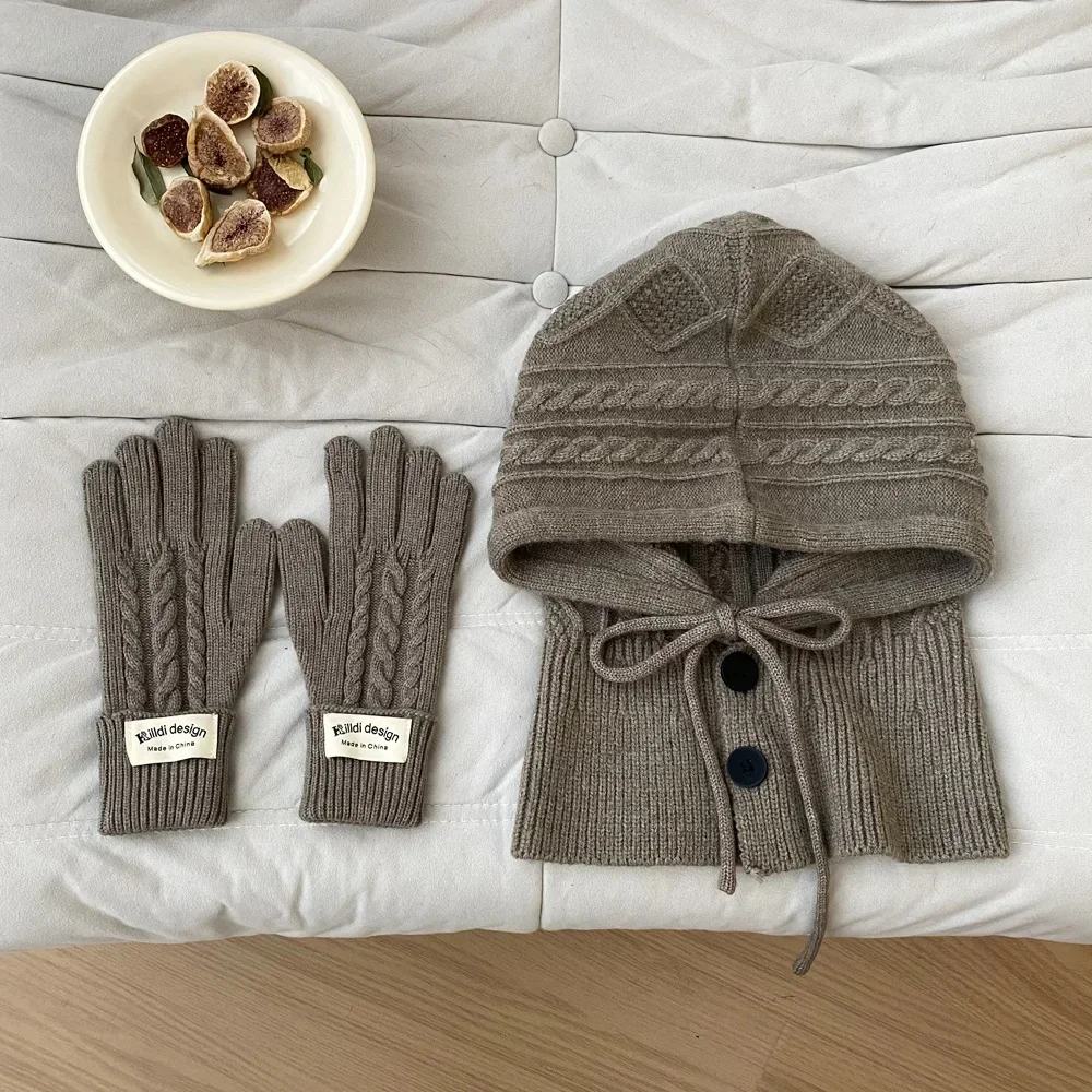 Korean Winter Hat and Glove Set for Women Warm Beanies Shawl Imitation Cashmere Knitted Soft Scarf Split Finger Pullover Hat