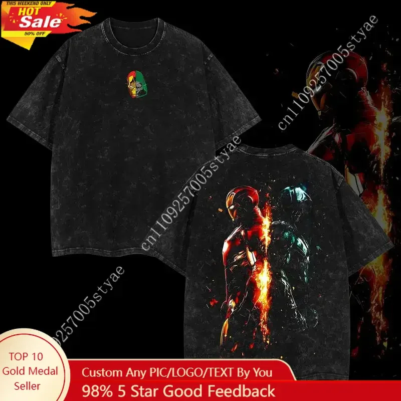 

Marvel Iron Doom - MCU Edition Double Printed Oversize Lightweight Acid Washed Tee Vintage Graphic Design Top Cotton Comic Su
