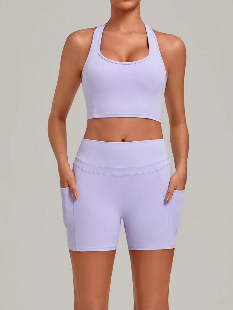 2 Piece Women Quick-Dry Sports Set O-Neck Sleeveless Top Shorts Running Fitness Workout Athletic Wear Tracksuit Sportswear