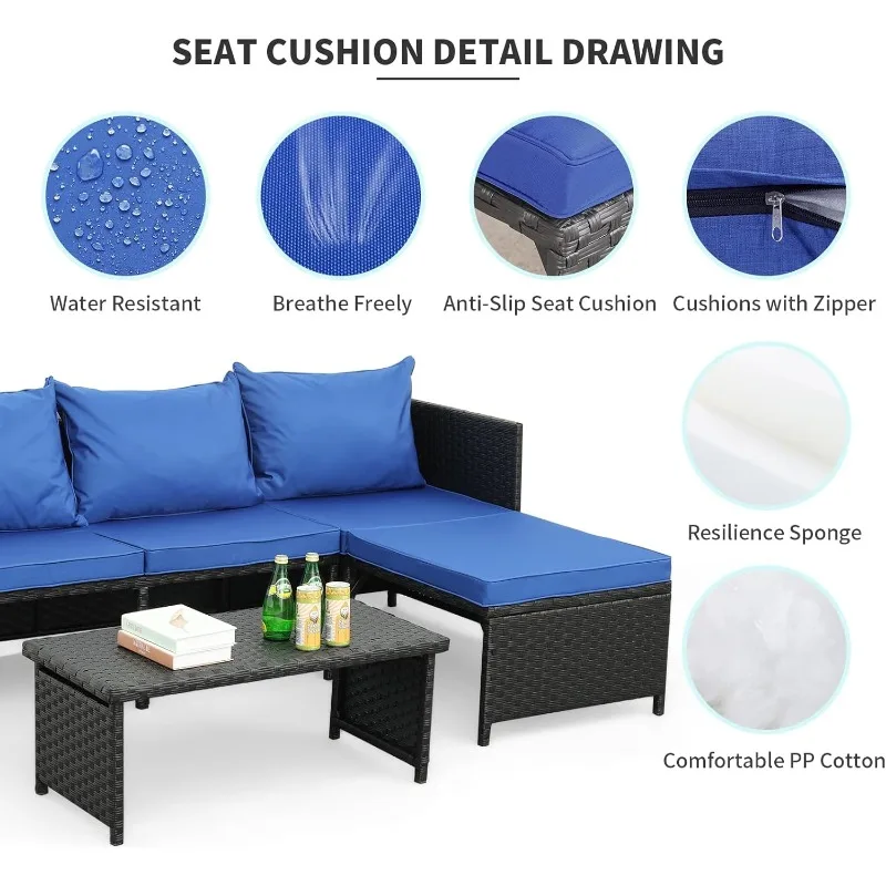 3 قطع في الهواء الطلق PE الروطان مجموعة اثاث الفناء الأسود الخوص المحادثة Loveseat أريكة الاقسام الأريكة وسادة الأزرق الملكي