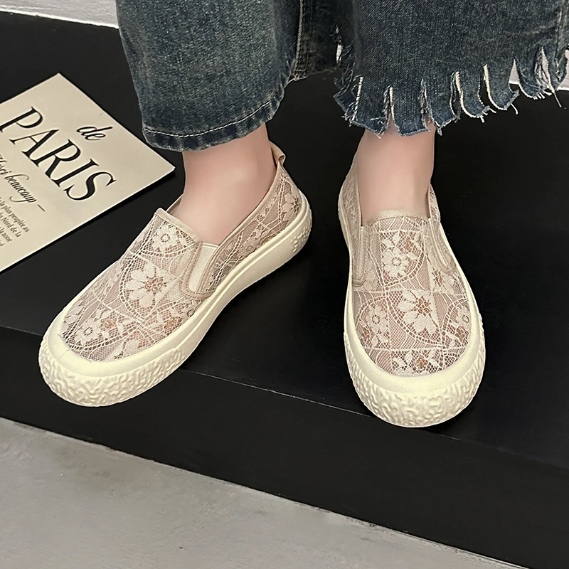 2024 Summer New Women Shoes Mesh Lace Woman Casual Shoes Sneakers Breathable Hollow Flat Loafers Slip-On Height Increase Shoes