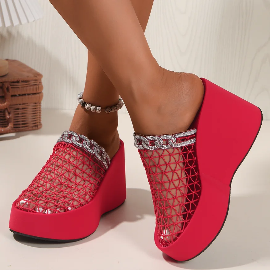 

6 colors new women metal buckle hollowed out breathable toe cap half drag thick sole Roman temperament versatile beach slippers