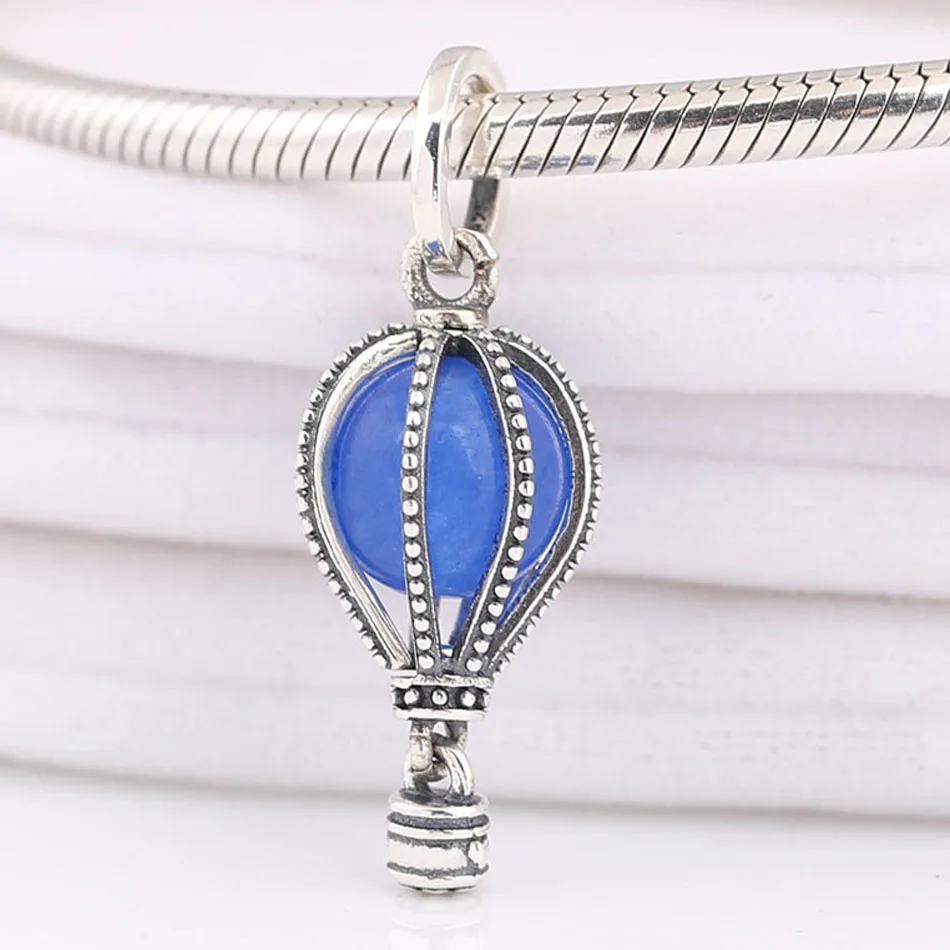 Silver Pated Dangle Charm Blue Air Balloon Pendant Bead fit Lady Bracelet Bangle Girl Birthday Gift DIY Jewelry