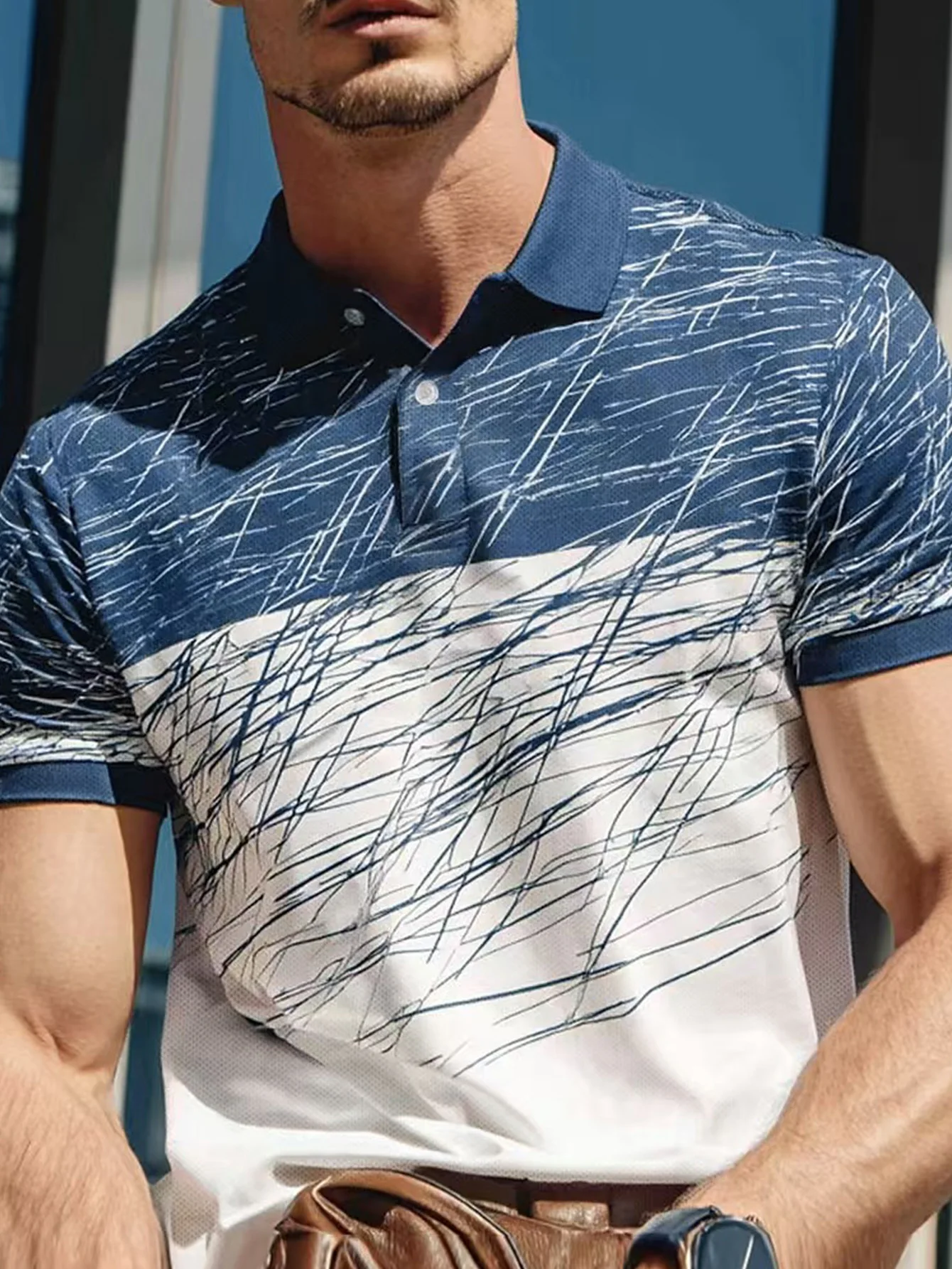 

Мужская рубашка-поло с короткими рукавами и воротником с абстрактной линией, повседневный деловой спортивный повседневный стиль, сине-белая полубудет с 3D-принтом [Привет типо и нужно быть «полу пуговицы»