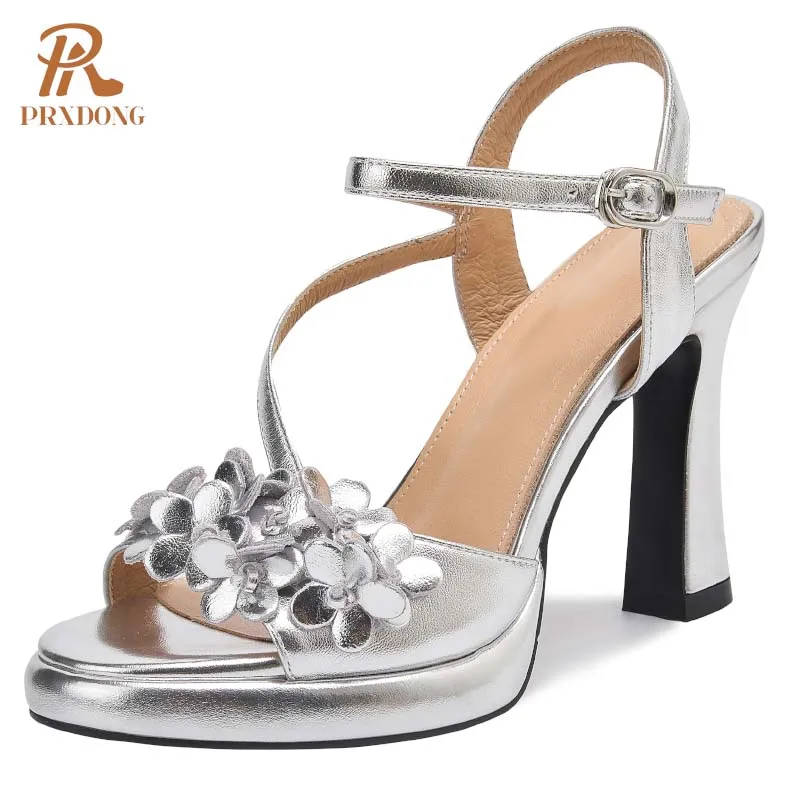 PRXDONG 2024 New Elegant Genuine Leather Summer Sandals For Women Chunky High Heels Platform Silver Beige Party Wedding Shoes