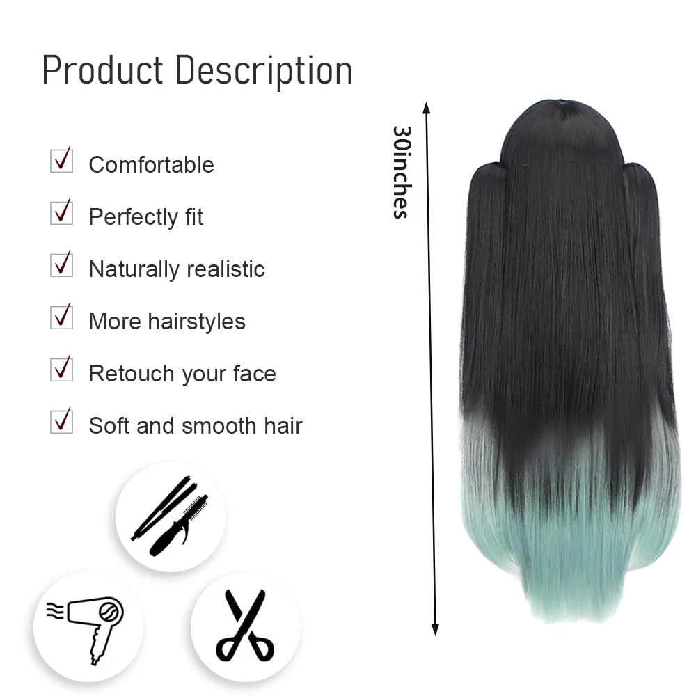 Anime Muichiro Tokito Cosplay Synthetic Hair 30-Inch Straight Hair Black And Green Gradient Heat-Resistant Wig With A Ponytail