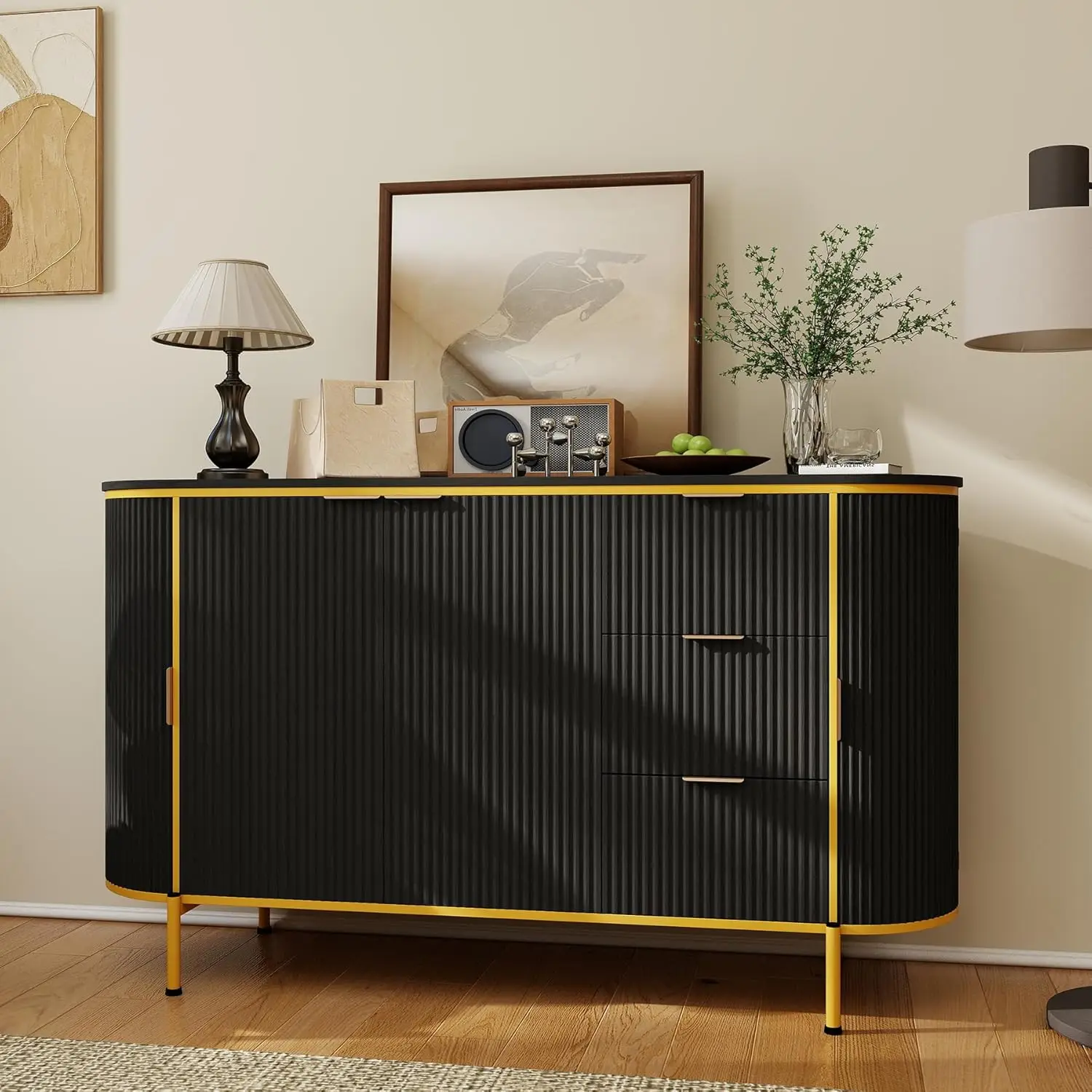 

60" Modern Fluted Buffet Sideboard Cabinet, 2 Doors & 3 Drawers Sideboard Cabinet, Kitchen & Entryway Storage Cabinet