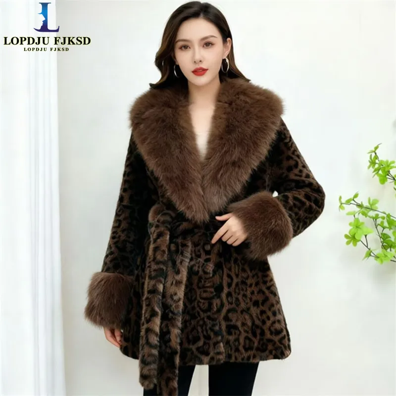 Leopard Print Fur Coat Female Adjustable Waist Mid-Length Jacket Autumn Winter Fashionable Clothes with Fur Collar