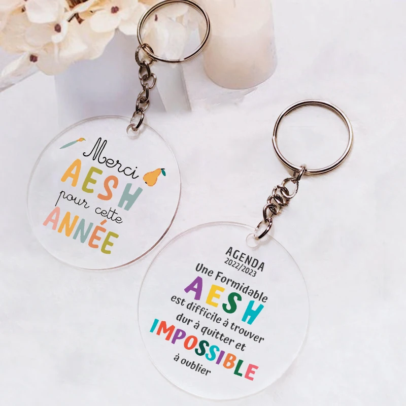 Merci AESH French Print Key Chains Keychain Transparent Circle Acrylic Keyring Key Ring Teacher's Day Graduation Gift for AESH