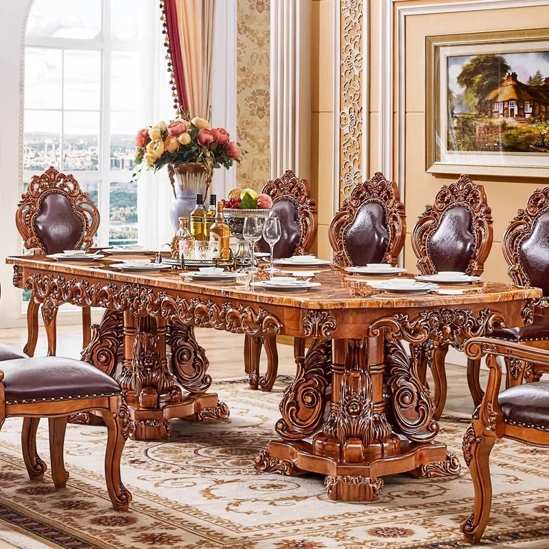 European marble dining table full solid wood carving flower retractable square table villa hotel club home super long western ta