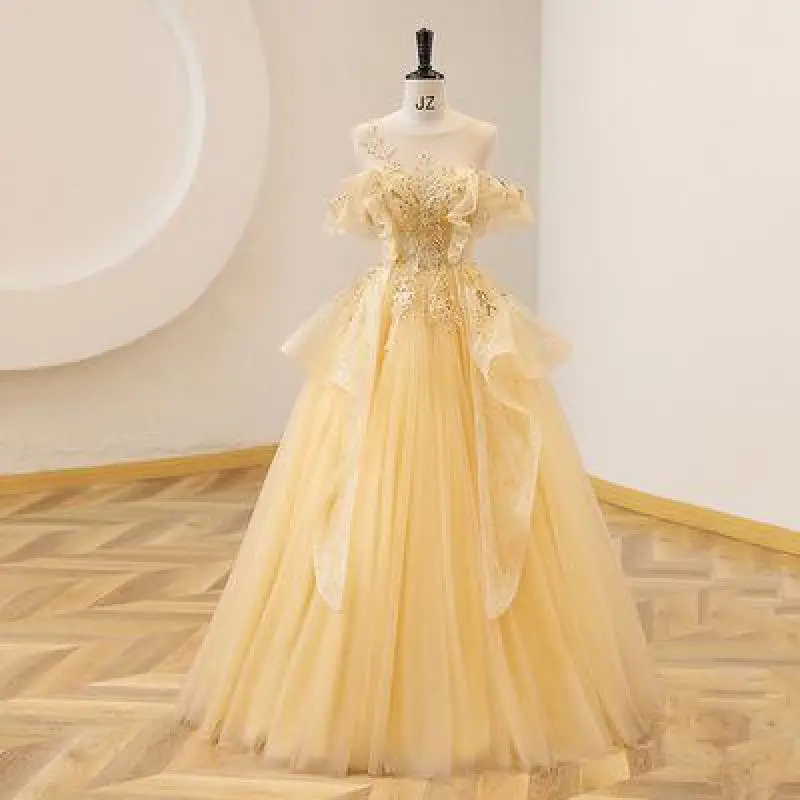 New Yellow Quinceanera Illusion Scoop Neck Shiny Tulle Ball Gown Classic Off The Shoulder Flower Vestido De Debutante Customized