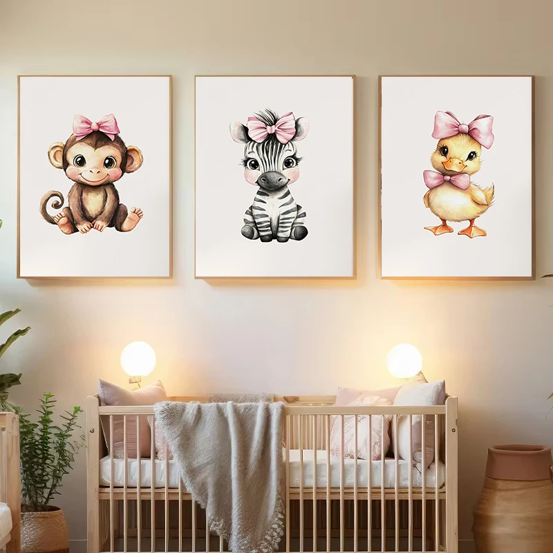Cute Farm Animals Poster Prints Pink Bow Baby Elephant Giraffe Cow Leopard Canvas Painting Girly Nursery Kids Room Decor Gift