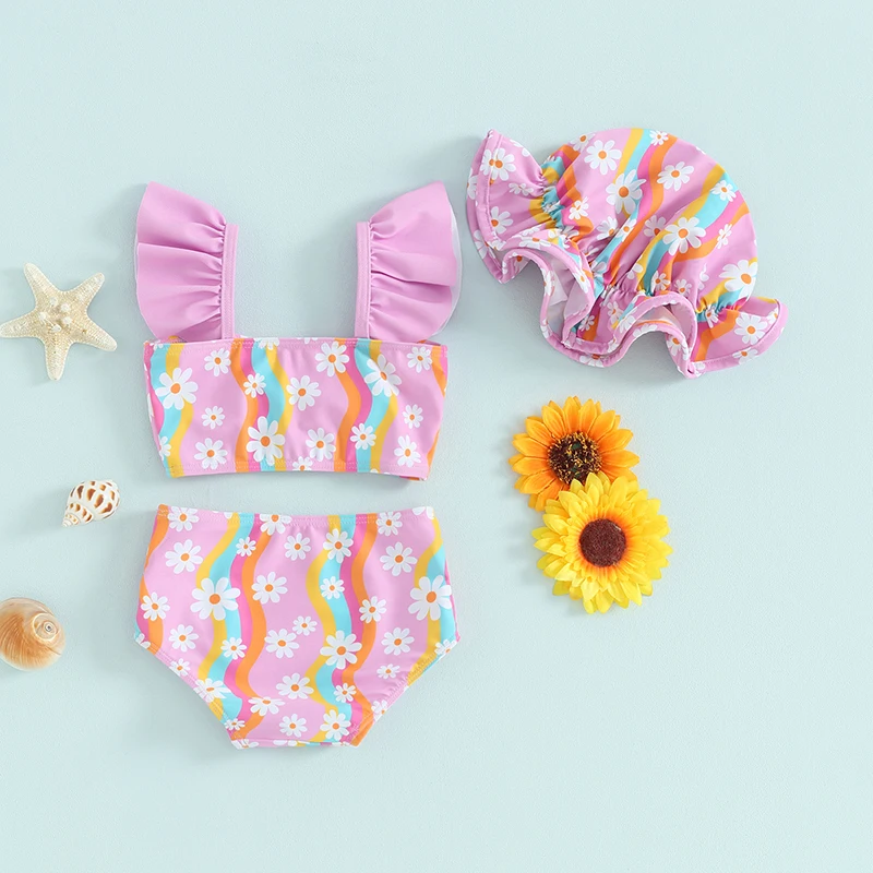 Maillot de bain 3 pièces pour tout-petits, imprimé arc-en-ciel, plissé, petite fleur, ensemble bikini avec capuche, fendu, été, nouveau, 0-3T