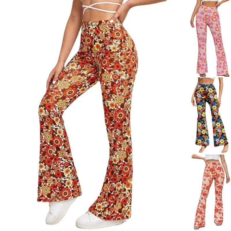 60s 70s Hippie Disco Pants Women Peace Love Hip Indian Flared Pants Girls  Fashion Vintage Trousers Halloween Cosplay Costume