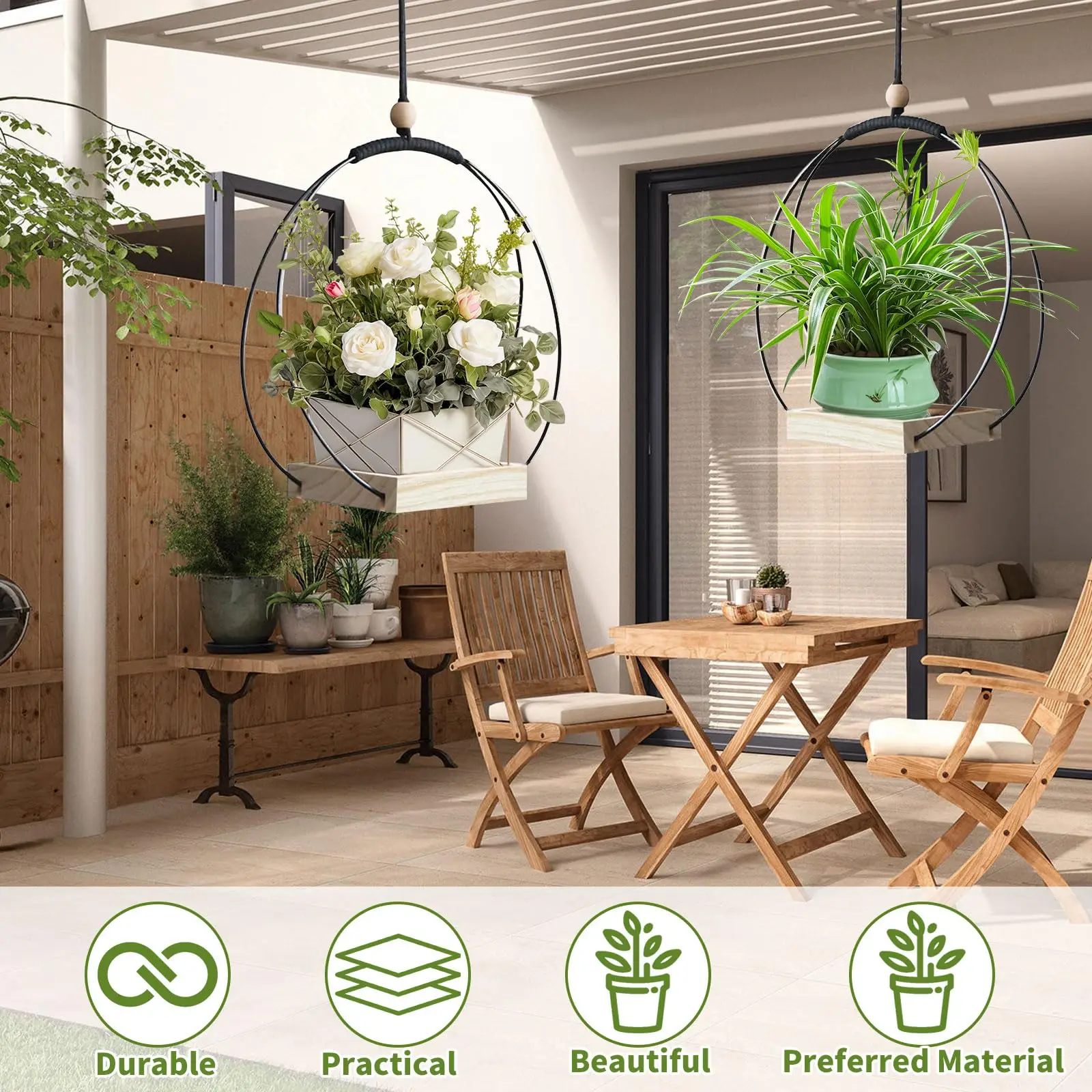 Cestas de suspensão anel de metal interno com base de madeira, vaso de suspensão para plantas, vaso de flores pendurado, flores de cesta de suspensão