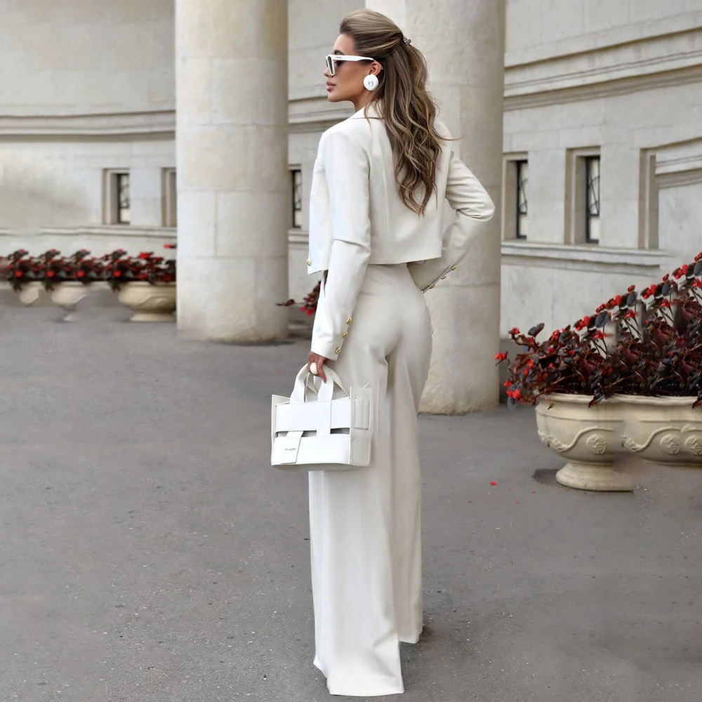 White Cropped Women's Suits Blazer Fashion Single Breasted Straight 2 Piece Jacket Pants Elegant Female Clothing Outfits