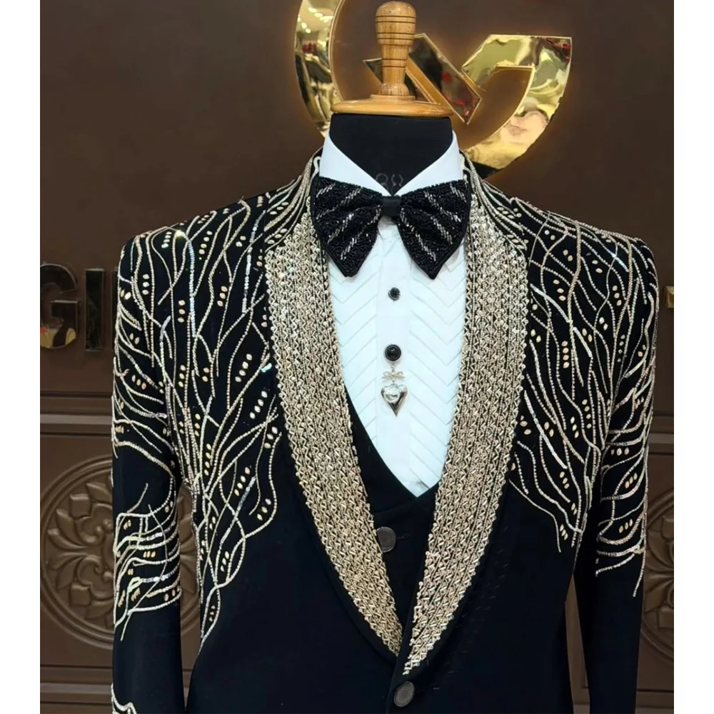 Men's Luxury Black Jacquard Tuxedo Suit Embellished Shawl Lapel Blazer For Wedding Groom Prom Party Formal Evening Wear