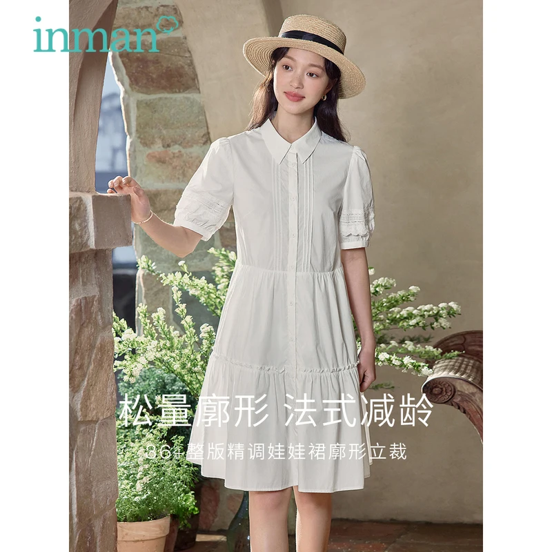 INMAN Women Dress 2023 Summer Bishop Sleeve Polo Neck A-shaped  Pure Cotton Comfort Vintage Sweetness White Blue Purple Skirt