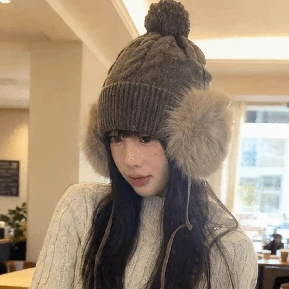 Knitted Trapper Hat Ear Protection Large Head Circumference Pompom Beanie with Earflap Warm Faux Fur Ear Flaps Cable Wool Cap