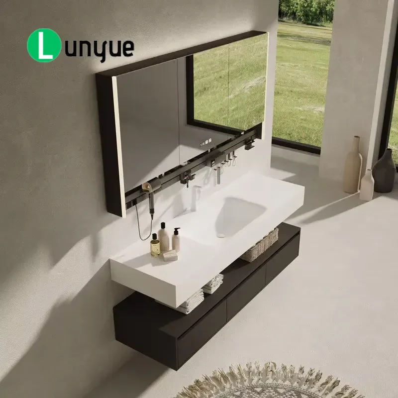 Modern Waterproof Bathroom Vanity Set with Sintered Slate Countertop LED Mirror Stainless Steel Drain Storage Cabinet for