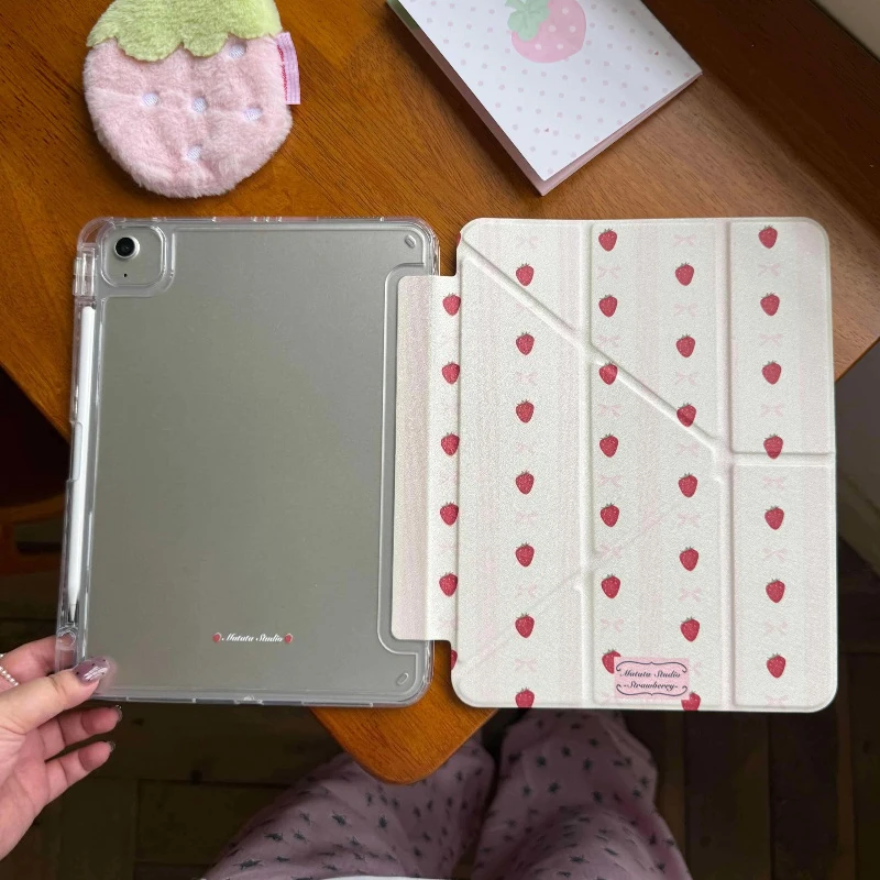 Strawberry Bow 3+Y Fold Crystal Clear Case for Samsung Tab S7 S8 S9 11 A9 A11 8.7
