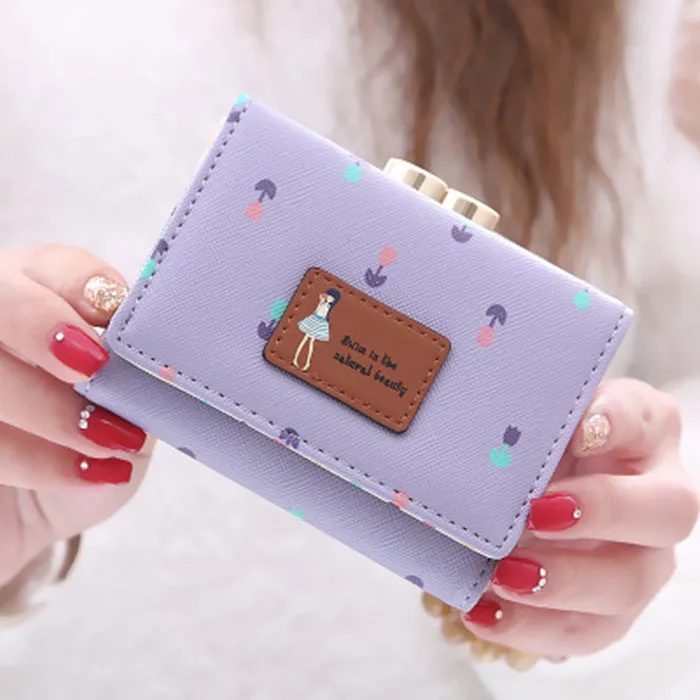 Carteira de couro curta para mulheres, porta-moedas, carteira pequena para meninas, bolsa de 3 damas, Kawaii Lady, nova, 2023