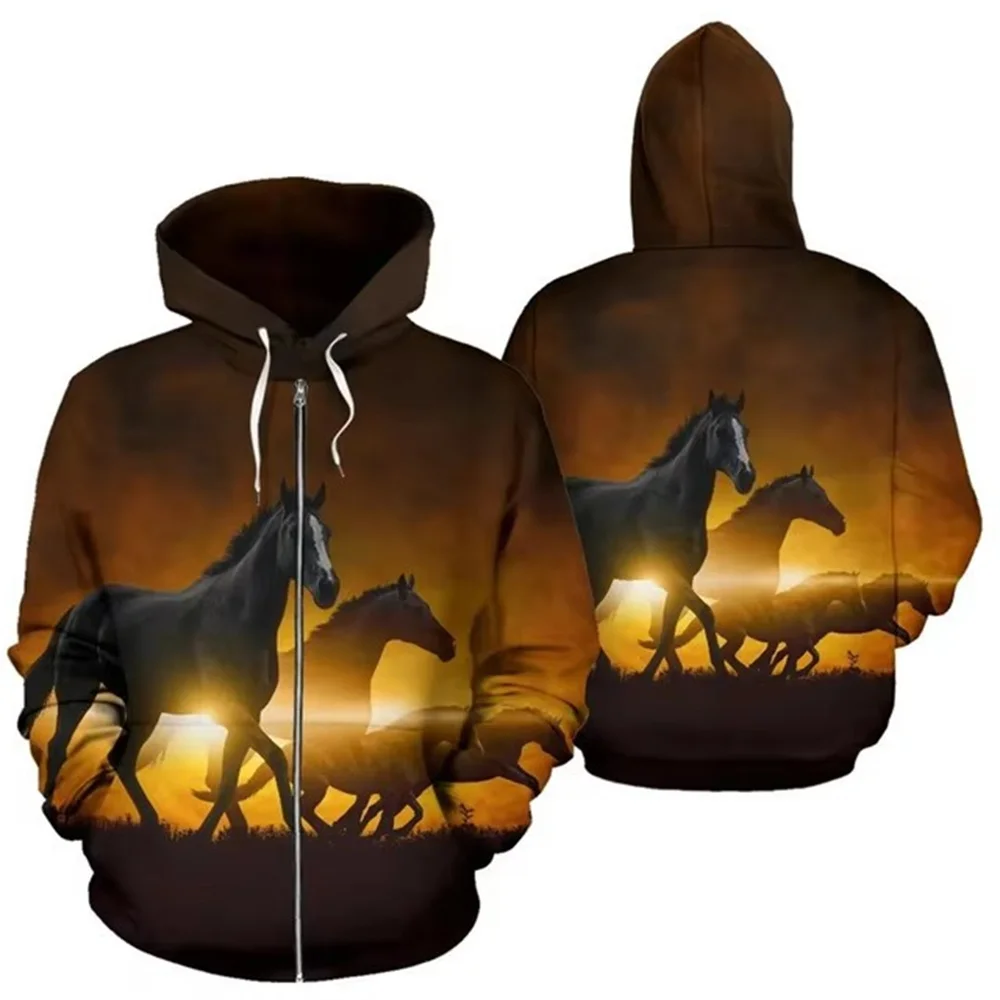 

New horse pattern 3D print zipper hoodie men's casual sweater pullover African ethnic style men's long sleeve loose sweatshirt j