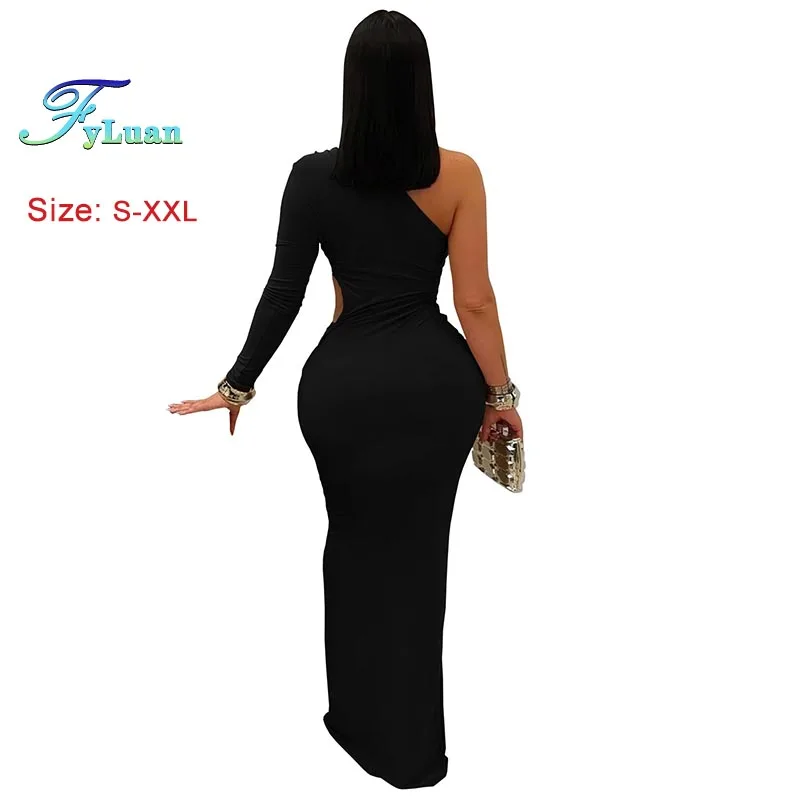 ชุดเดรสผู้หญิงเซ็กซี่ ไหล่เฉียง แขนเดียว ยาว แฟชั่น สีพื้น ทรงเข้ารูป โชว์เอว ชุดราตรี ชุดค็อกเทล