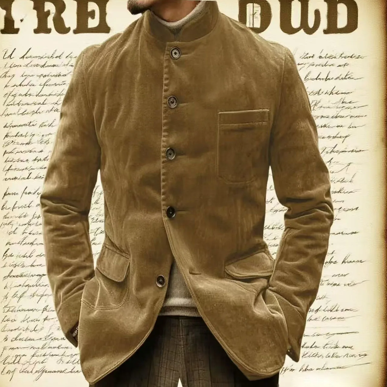 Men's Vintage Suede Blazer Slim Fit Multi-Button Stand Collar Jacket Retro Business Casual Outerwear Fashion Sport Coats