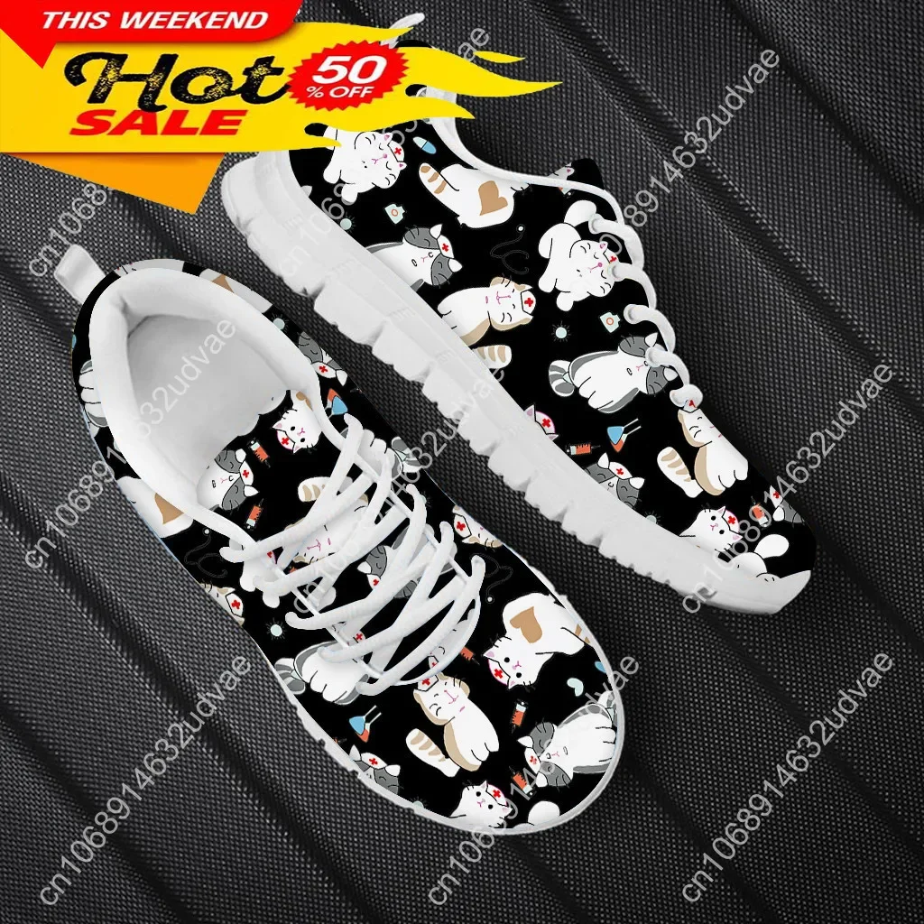 Women Nurse Sneakers Cartoon Cat Veterinary Print Lightweight Mesh Flats Ladies Casual Winter Cute Nursing Shoes New