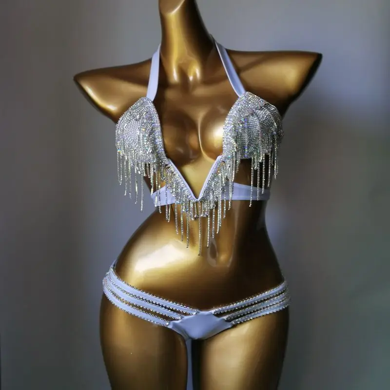 Rhinestone Tassel Fringe Halter Bikini Set Multi Color Strap Bottom Two Piece Rave Festival Pole Dance Stage Bling Bathing Suit