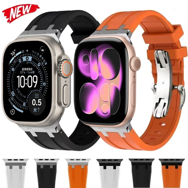 Liquid Silicone Strap For Apple Watch Ultra 3 49mm Folding Buckle Bracelet iWatch 11 10 9 8 7 6 5 SE3 46mm 42mm 45mm 41/44/40mm