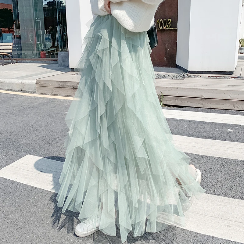 

New Women's Mesh Cake Umbrella Long Skirts Solid High Waist Pleated Fashionable Female Maxi Skirts Spring Summer