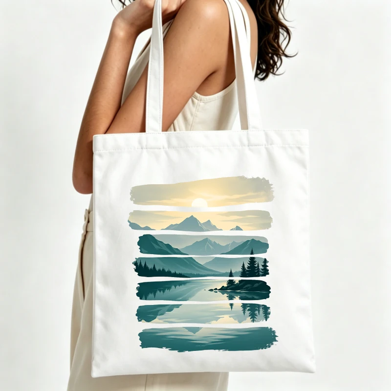 Women's nature landscape canvas tote bag, minimalist design for daily shopping and casual outings