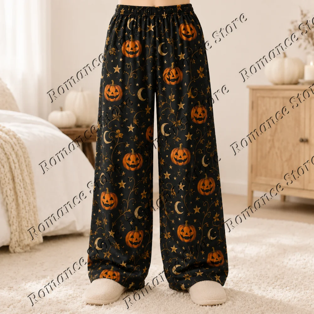 Black Halloween Retro Pumpkin Moon Star Women Wide Leg Pajama Pants Trousers Holiday Casual Milk Silk Wear Sleepwear Bottoms